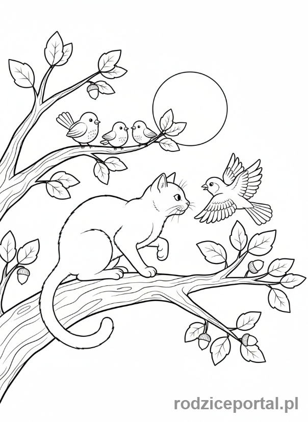 Kolorowanka Zwierzęta Domowe - Kot na drzewie obserwujący ptaki.