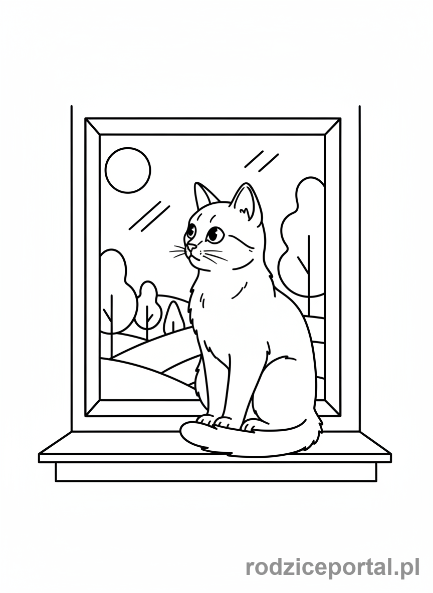 Kolorowanka Zwierzęta Domowe - Kot siedzący na parapecie i patrzący na zewnątrz.
