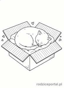 Kolorowanka Zwierzęta Domowe - Kot śpiący w pudełku.
