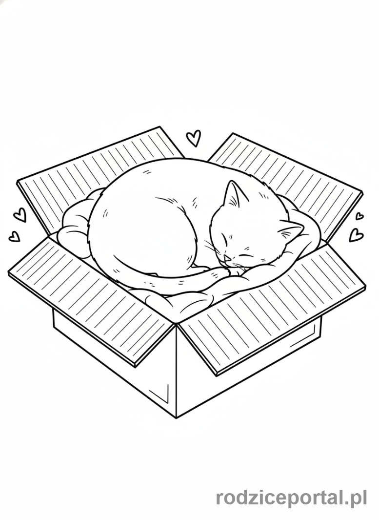 Kolorowanka Zwierzęta Domowe - Kot śpiący w pudełku.