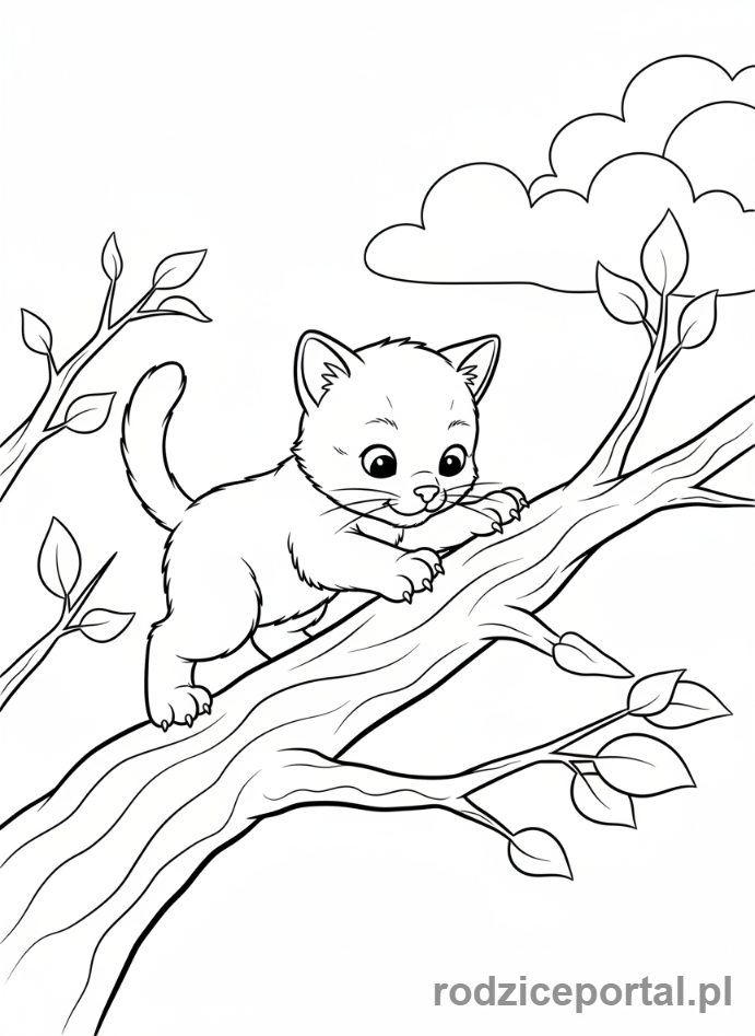 Kolorowanka Zwierzęta Domowe - Kotek na drzewie.