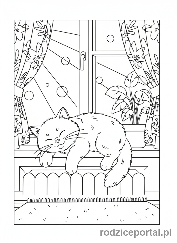 Kolorowanka Zwierzęta Domowe - Kotek wylegujący się na parapecie.