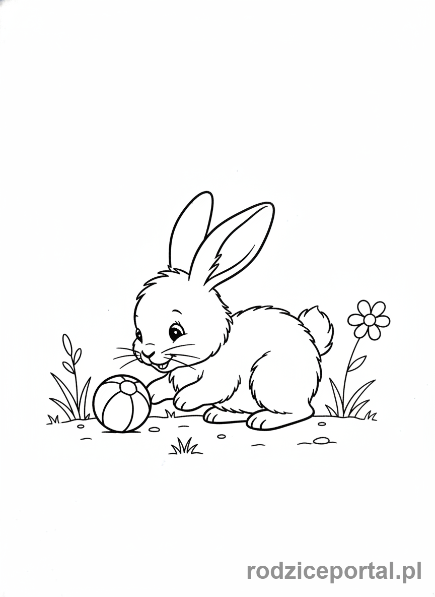 Kolorowanka Zwierzęta Domowe - Królik bawiący się z piłeczką.