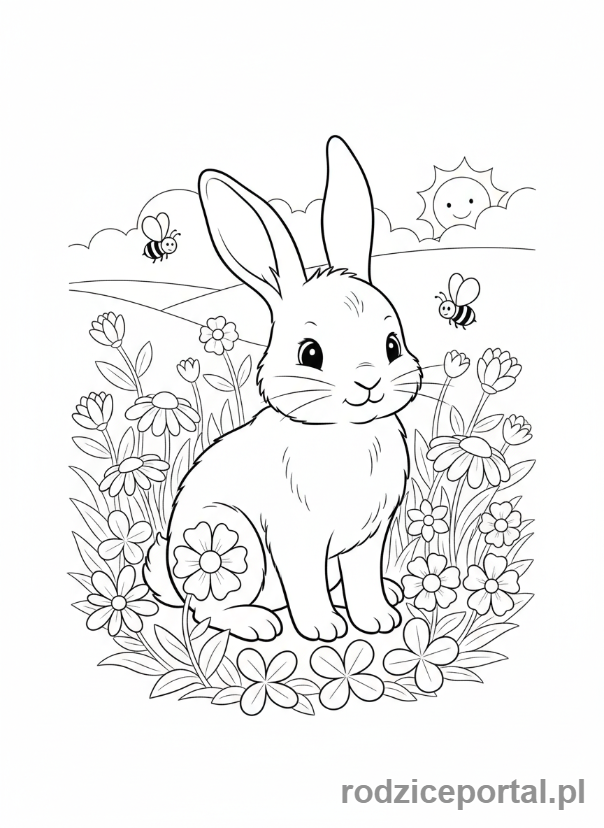Kolorowanka Zwierzęta Domowe - Królik z długimi uszami na łące.
