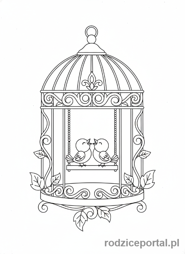 Kolorowanka Zwierzęta Domowe - Małe ptaszki w klatce na huśtawce