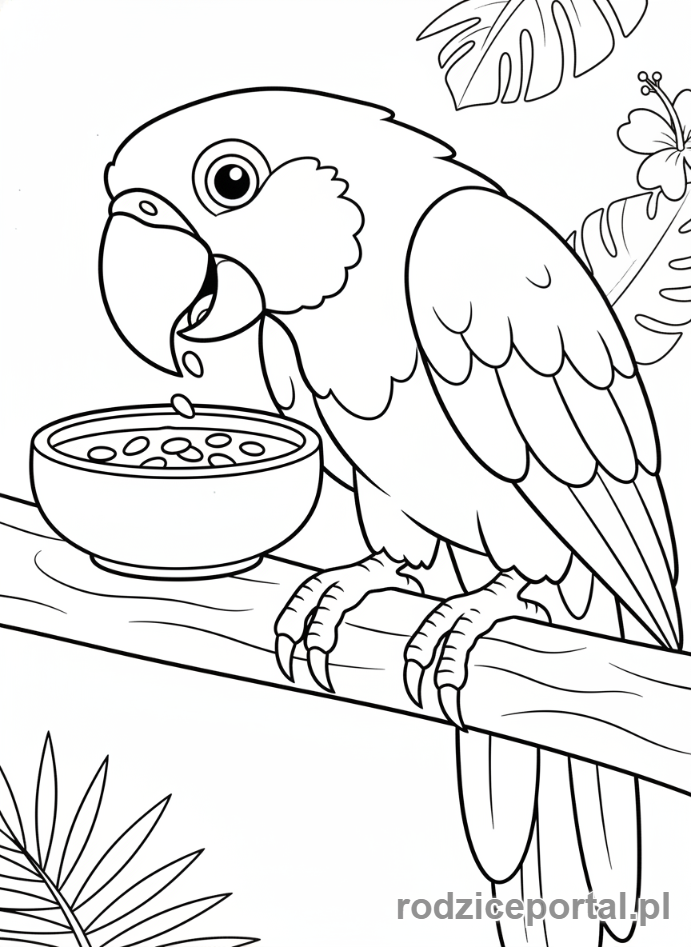 Kolorowanka Zwierzęta Domowe - Papuga jedząca nasiona.