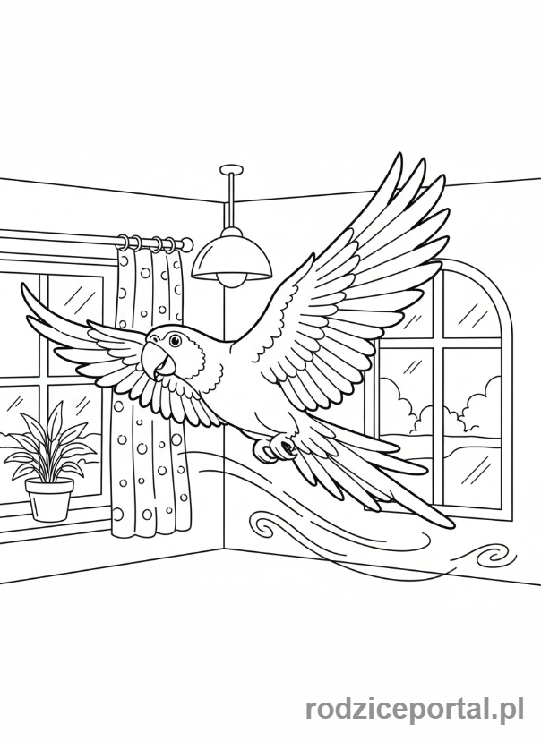 Kolorowanka Zwierzęta Domowe - Papuga latająca w pokoju.