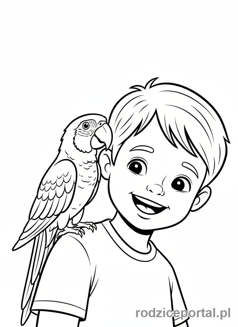 Kolorowanka Zwierzęta Domowe - Papuga na ramieniu dziecka