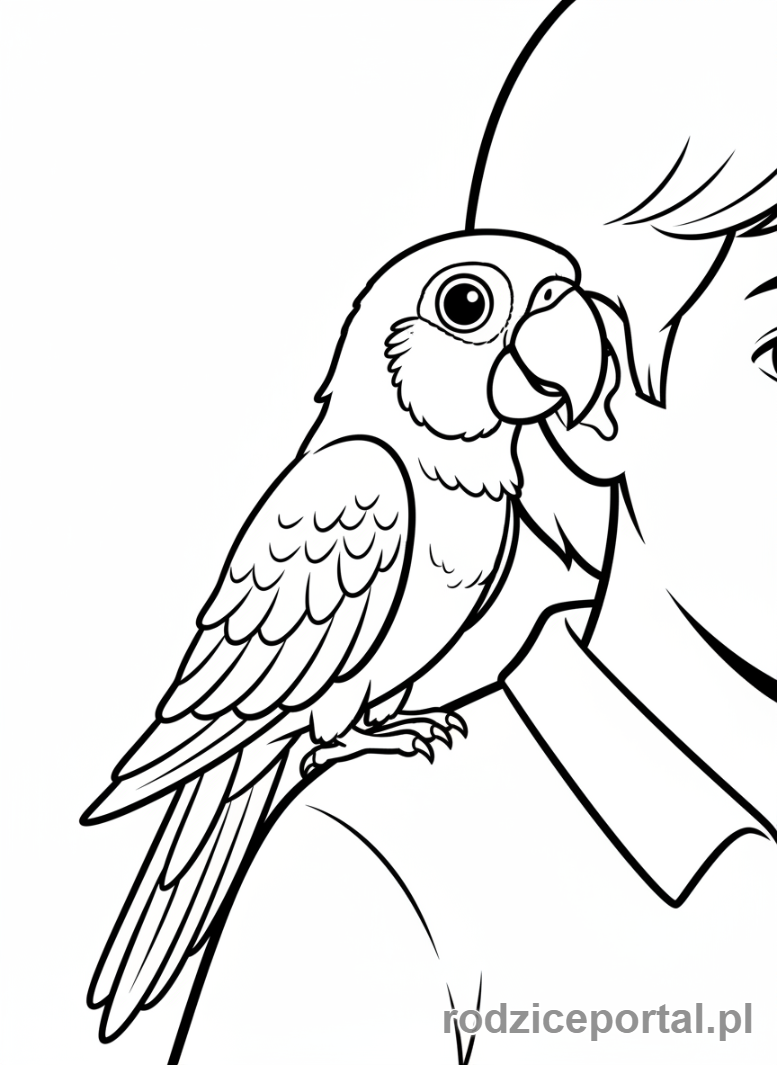 Kolorowanka Zwierzęta Domowe - Papuga na ramieniu dziecka.