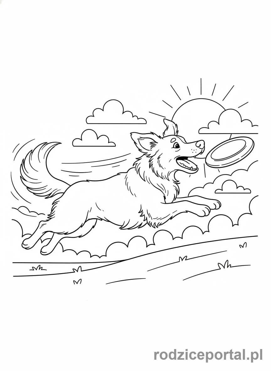 Kolorowanka Zwierzęta Domowe - Pies bawiący się z frisbee.