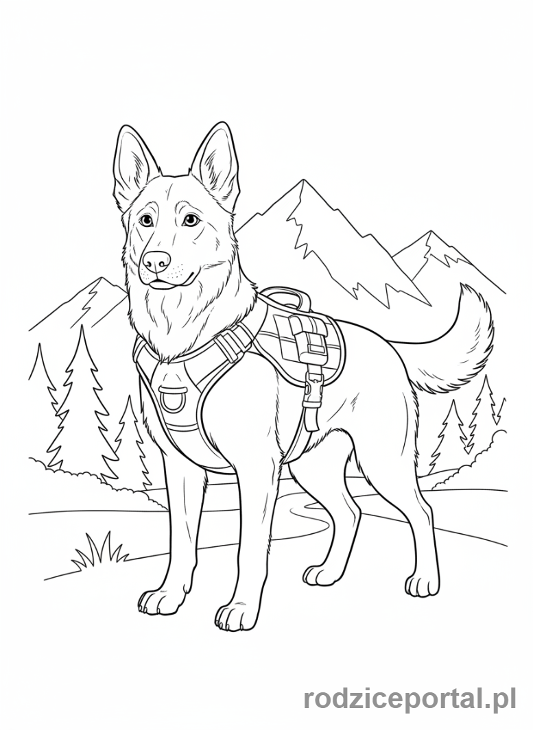Kolorowanka Zwierzęta Domowe - Pies ratowniczy z kamizelką.