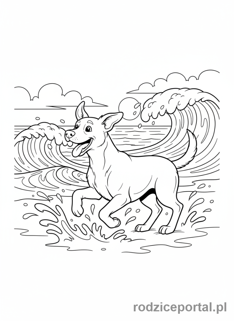Kolorowanka Zwierzęta Domowe - Pies wesoło biegnący po plaży.