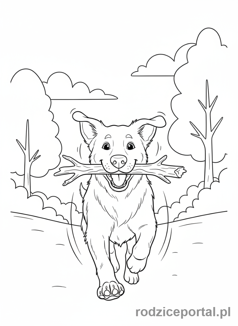 Kolorowanka Zwierzęta Domowe - Piesek aportujący patyk.