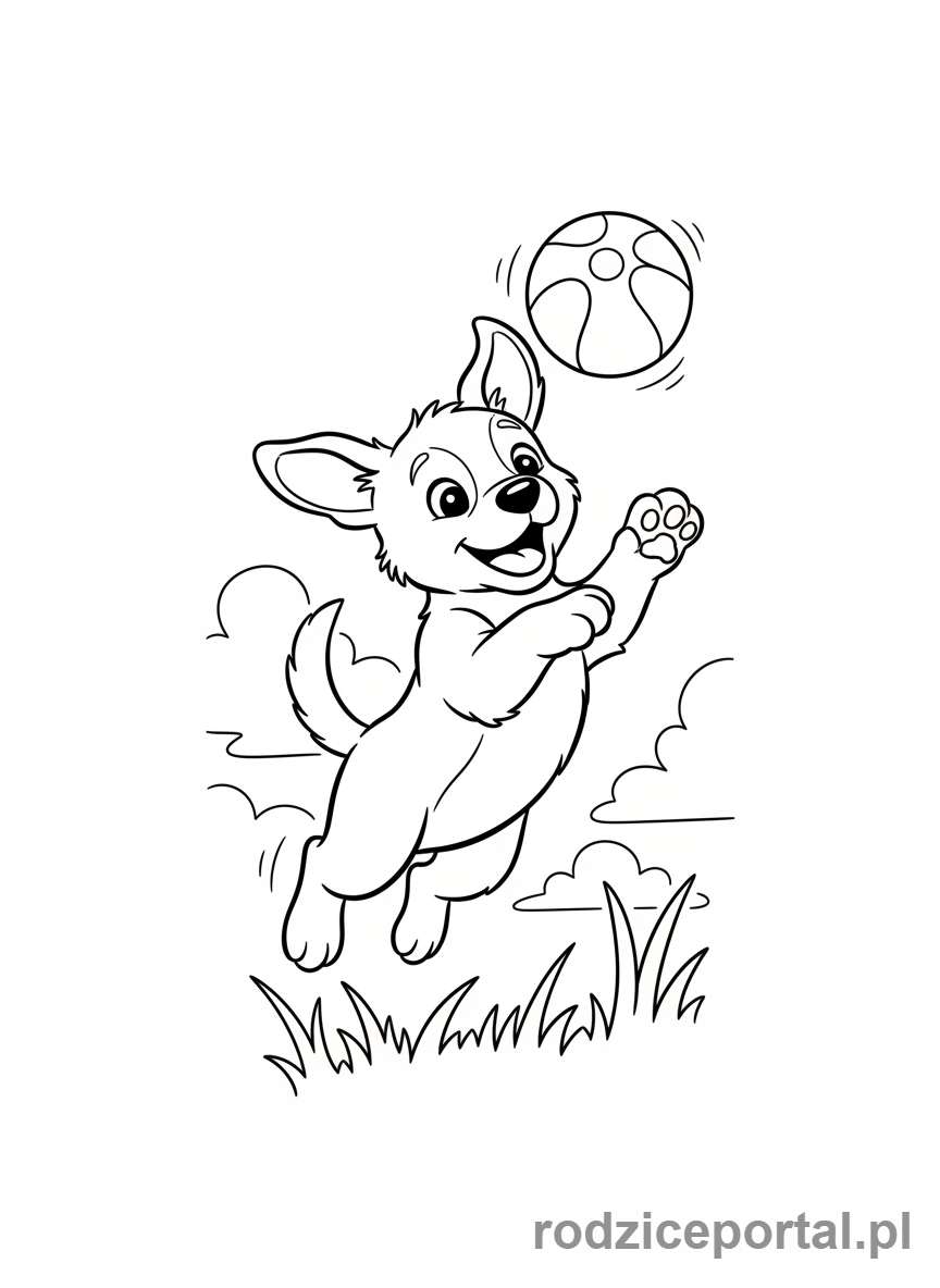 Kolorowanka Zwierzęta Domowe - Piesek bawiący się piłką