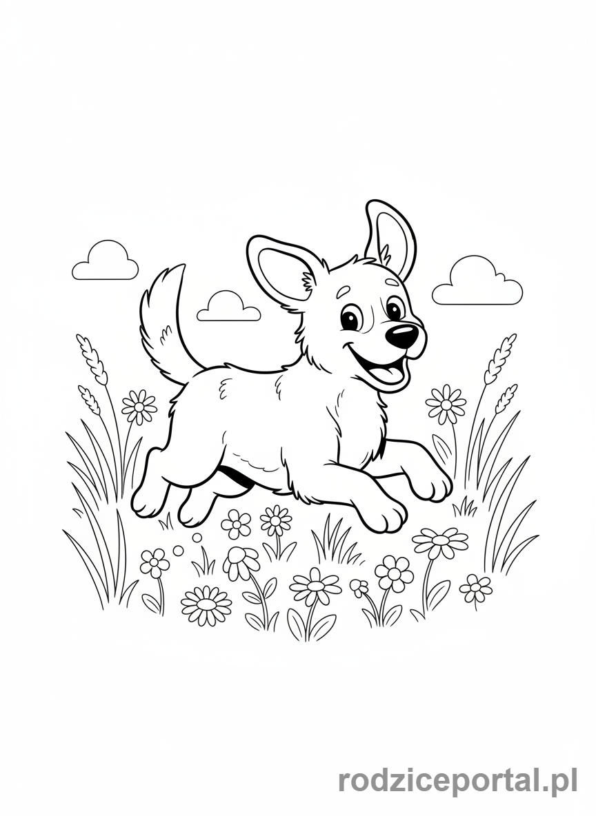 Kolorowanka Zwierzęta Domowe - Piesek biegnący po łące