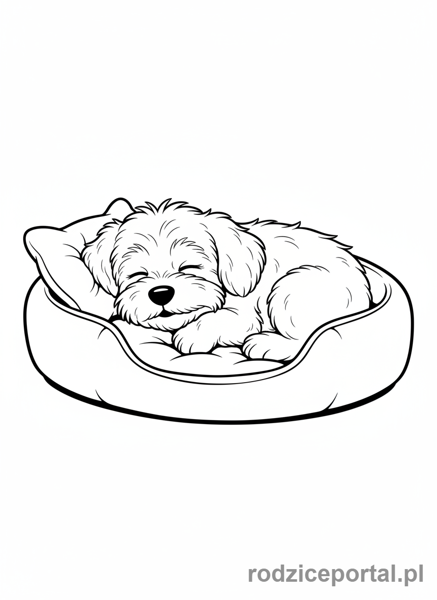 Kolorowanka Zwierzęta Domowe - Piesek śpiący w swoim legowisku.