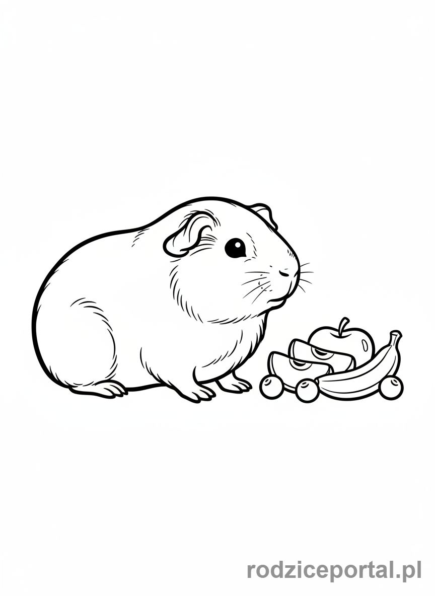 Kolorowanka Zwierzęta Domowe - Świnka morska z owocami.