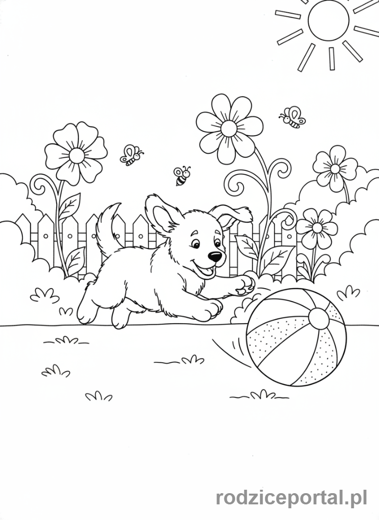 Kolorowanka Zwierzęta Domowe - Szczeniak bawiący się piłeczką.