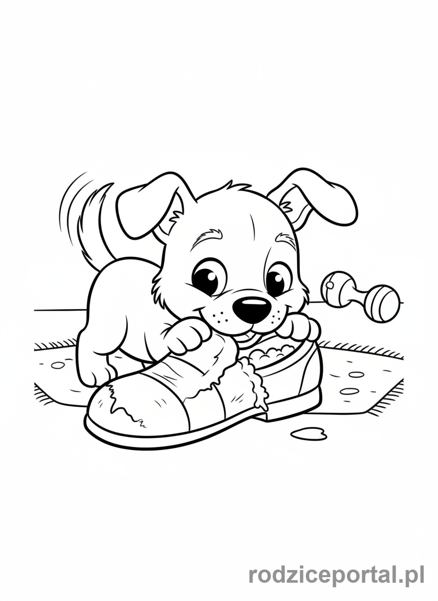 Kolorowanka Zwierzęta Domowe - Szczeniak gryzący kapcia.