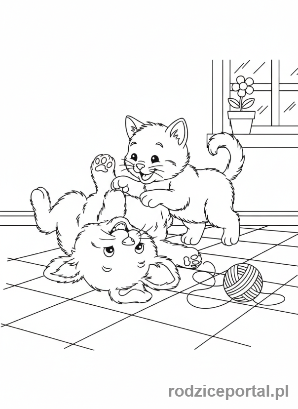 Kolorowanka Zwierzęta Domowe - Szczeniak i kociak bawiące się razem