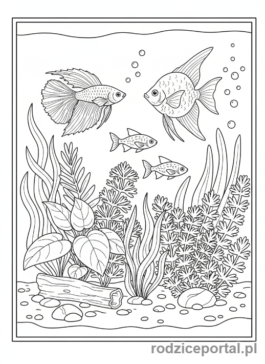 Kolorowanka Zwierzęta Domowe - Trzy rybki w kolorowym akwarium.