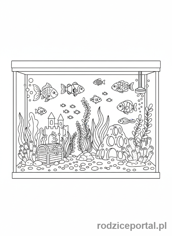 Kolorowanka Zwierzęta Domowe - Zestaw akwarium z wieloma rybkami.