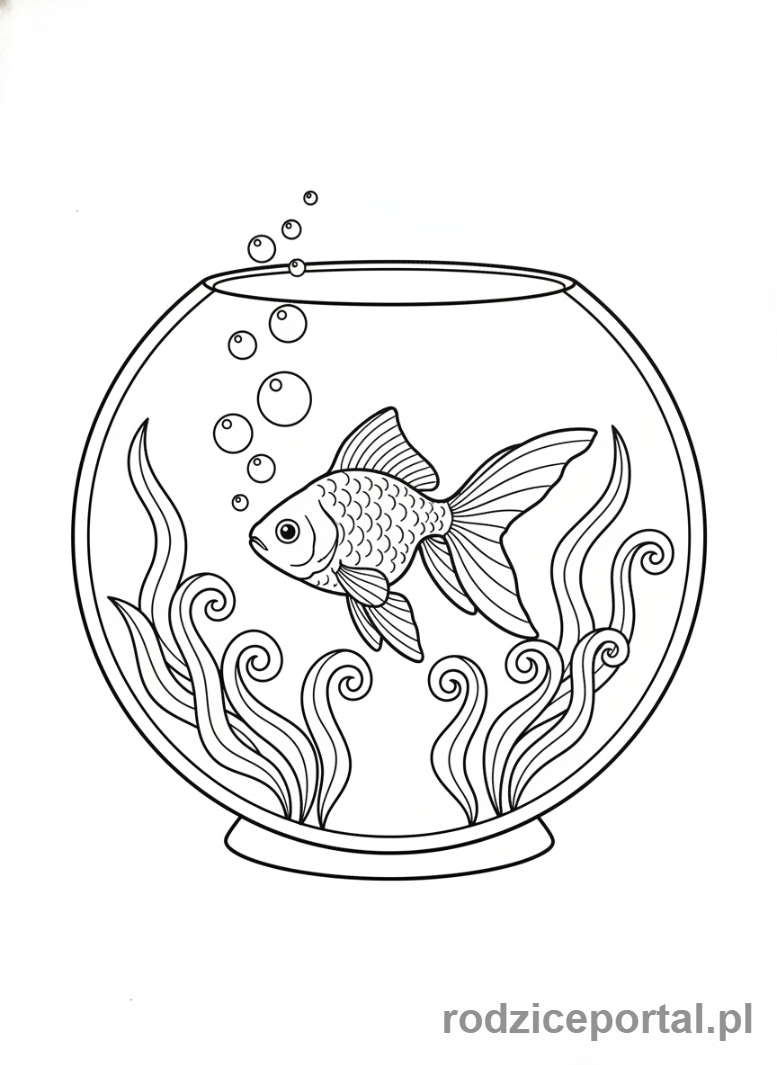 Kolorowanka Zwierzęta Domowe - Złota rybka pływająca w akwarium