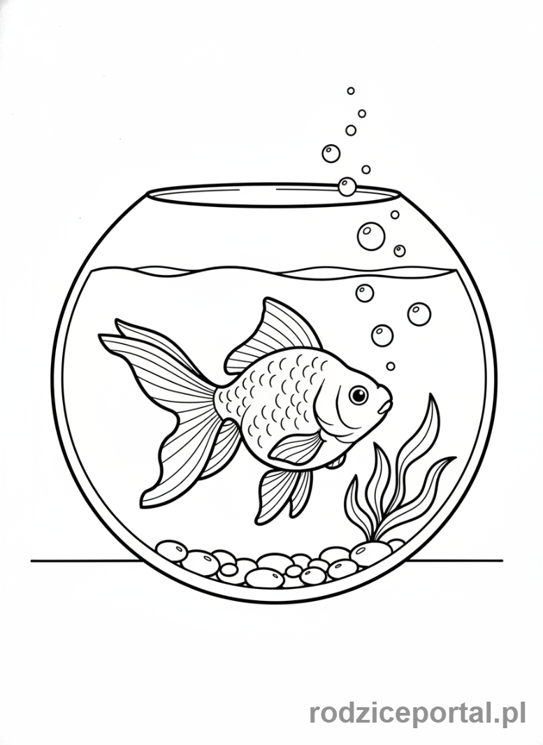 Kolorowanka Zwierzęta Domowe - Złota rybka pływająca w akwarium.