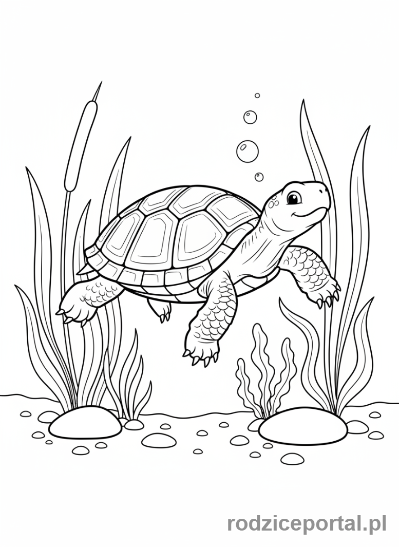 Kolorowanka Zwierzęta Domowe - Żółw wodny pływający w stawie.