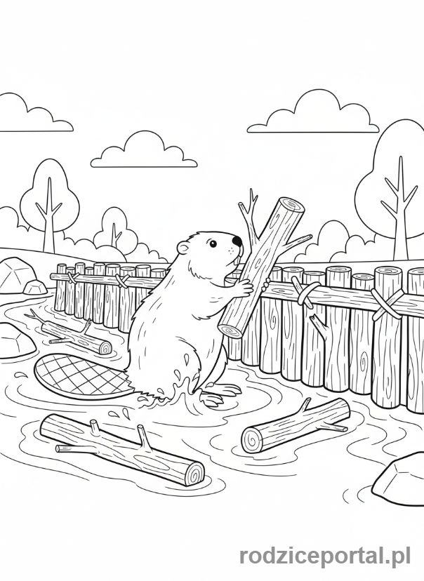 Kolorowanka Zwierzęta Leśne - Bóbr budujący tamę z gałęzi