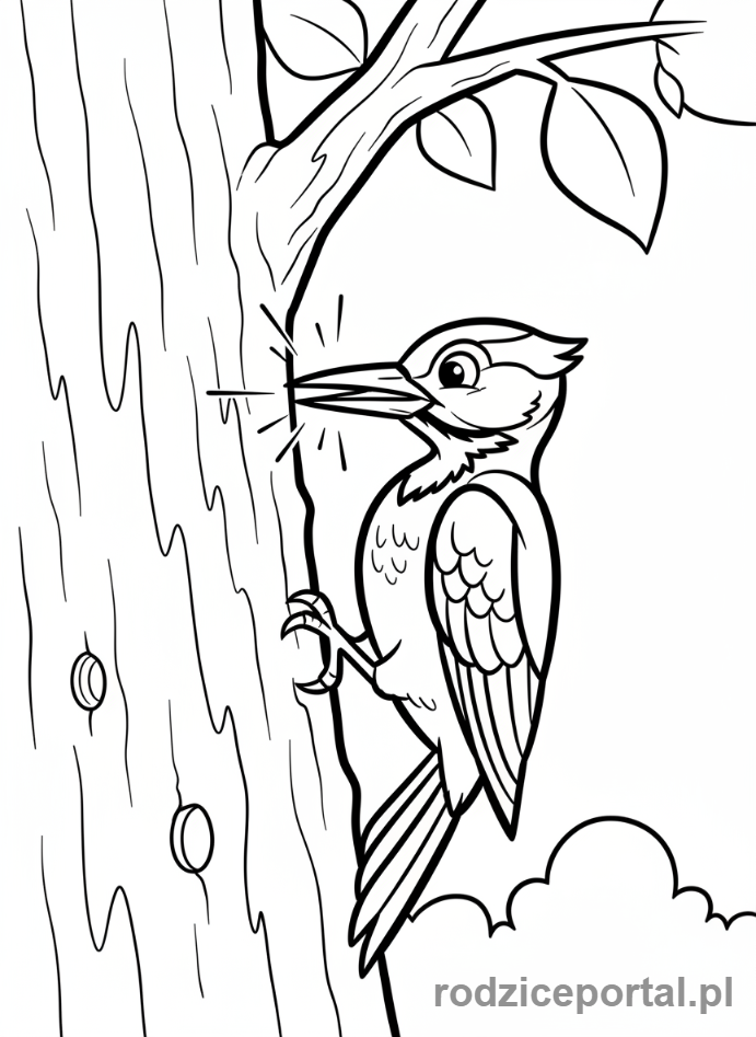 Kolorowanka Zwierzęta Leśne - Dzięcioł na drzewie dłubiący w korze