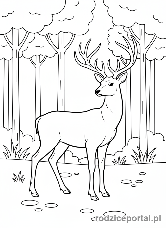Kolorowanka Zwierzęta Leśne - Jeleń z majestatycznym porożem stojący na polanie