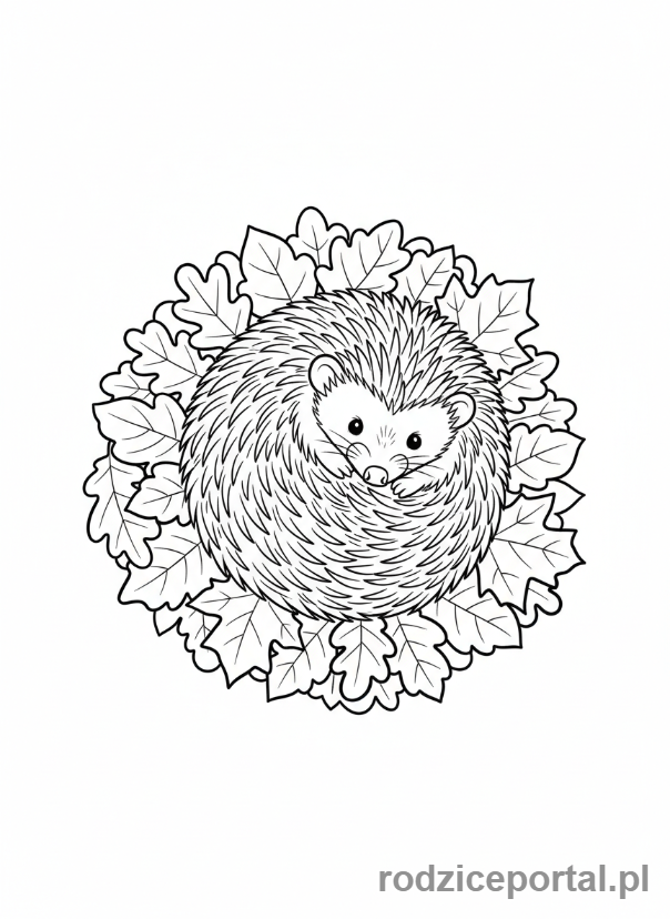 Kolorowanka Zwierzęta Leśne - Jeż zwinięty w kulkę na liściach