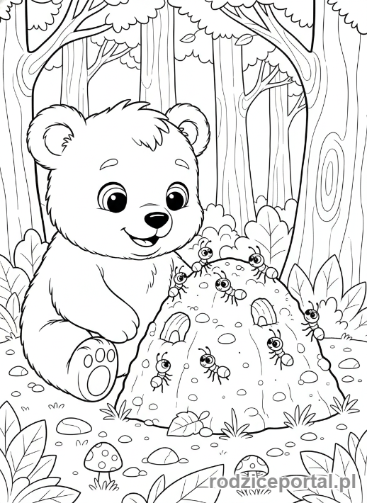 Kolorowanka Zwierzęta Leśne - Młody niedźwiedź siedzący przy mrowisku