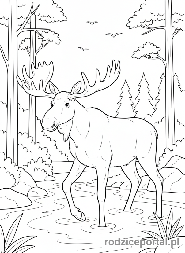 Kolorowanka Zwierzęta Leśne - Łoś z dużym porożem brodzący w strumieniu