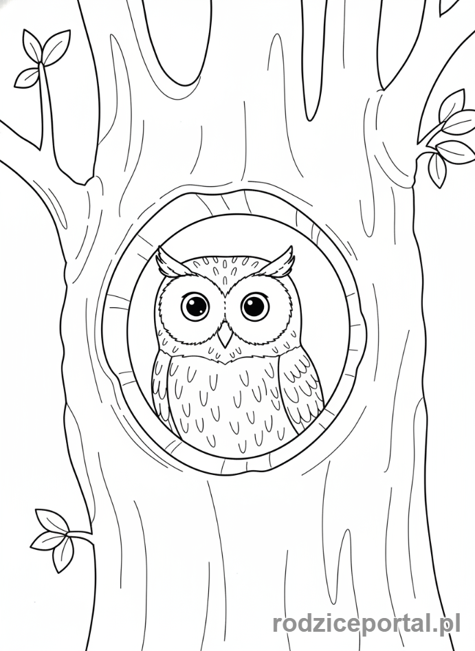 Kolorowanka Zwierzęta Leśne - Puszczyk ukryty w dziupli drzewa