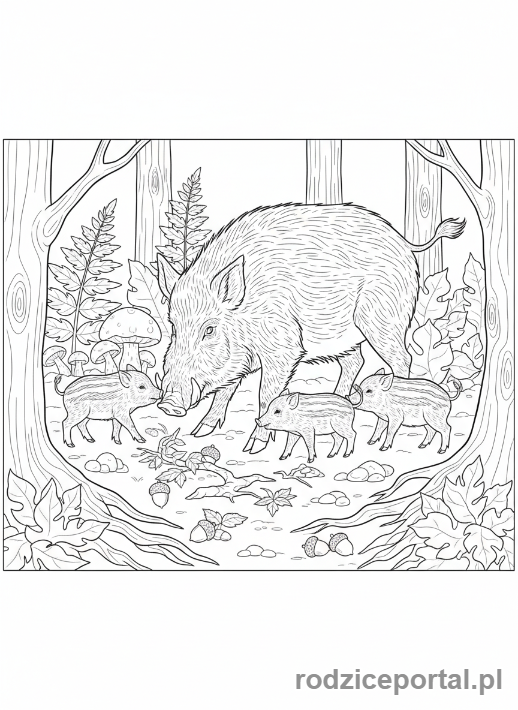 Kolorowanka Zwierzęta Leśne - Rodzina dzików szukająca jedzenia