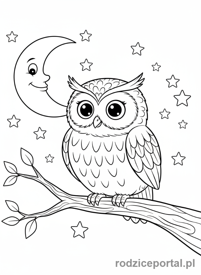 Kolorowanka Zwierzęta Leśne - Sowa siedząca na gałęzi w nocy
