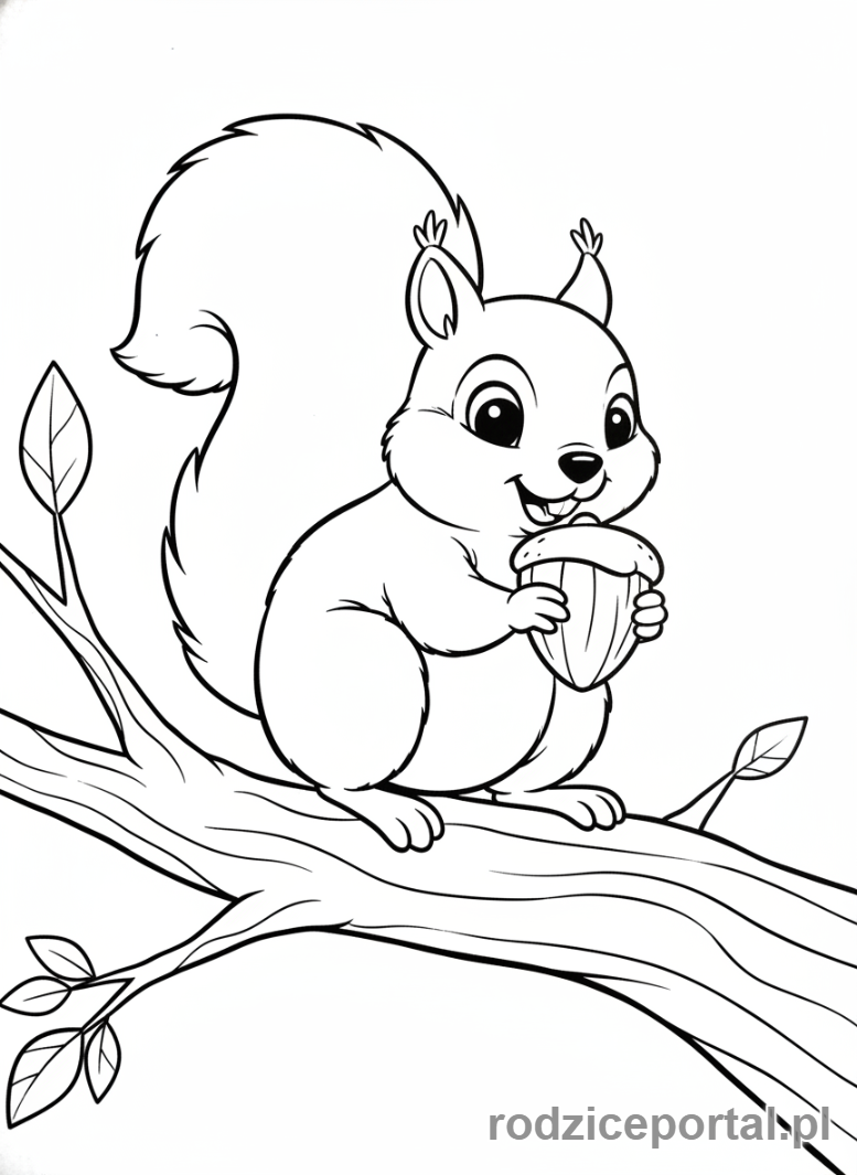 Kolorowanka Zwierzęta Leśne - Wiewiórka jedząca orzeszka na gałęzi