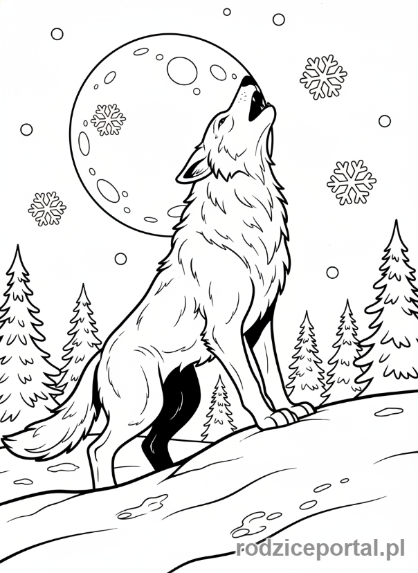 Kolorowanka Zwierzęta Leśne - Wilk wyjący do księżyca