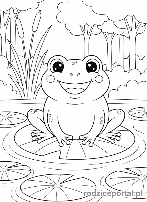 Kolorowanka Zwierzęta Leśne - Żaba siedząca na lilii wodnej w leśnym stawie