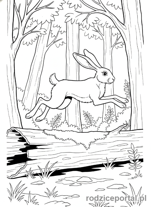 Kolorowanka Zwierzęta Leśne - Zając skaczący przez zwalone drzewo