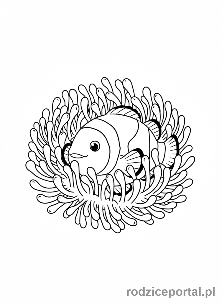 Kolorowanka Zwierzęta Morskie - Błazenek chowający się w ukwiale