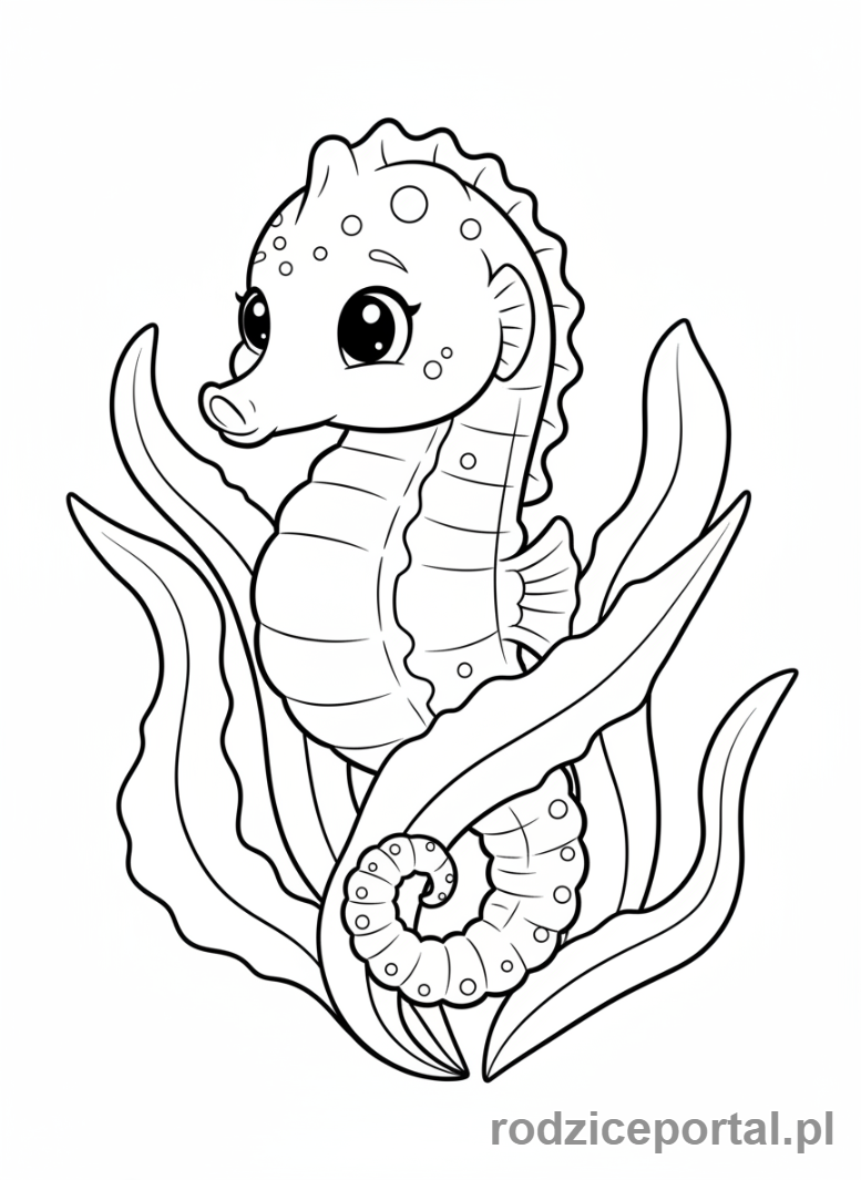 Kolorowanka Zwierzęta Morskie - Konik morski trzymający się wodorostów
