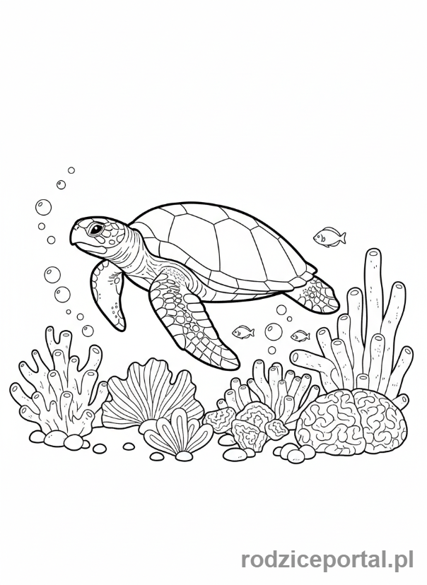 Kolorowanka Zwierzęta Morskie - Żółw morski pływający wśród koralowców