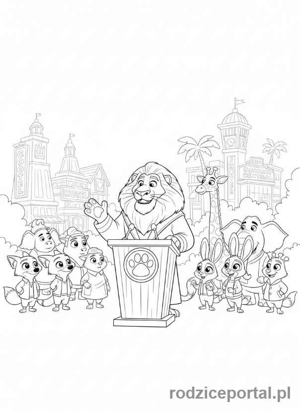 Kolorowanka Zwierzogród - Burmistrz Lionheart przemawiający do mieszkańców Zwierzogrodu.