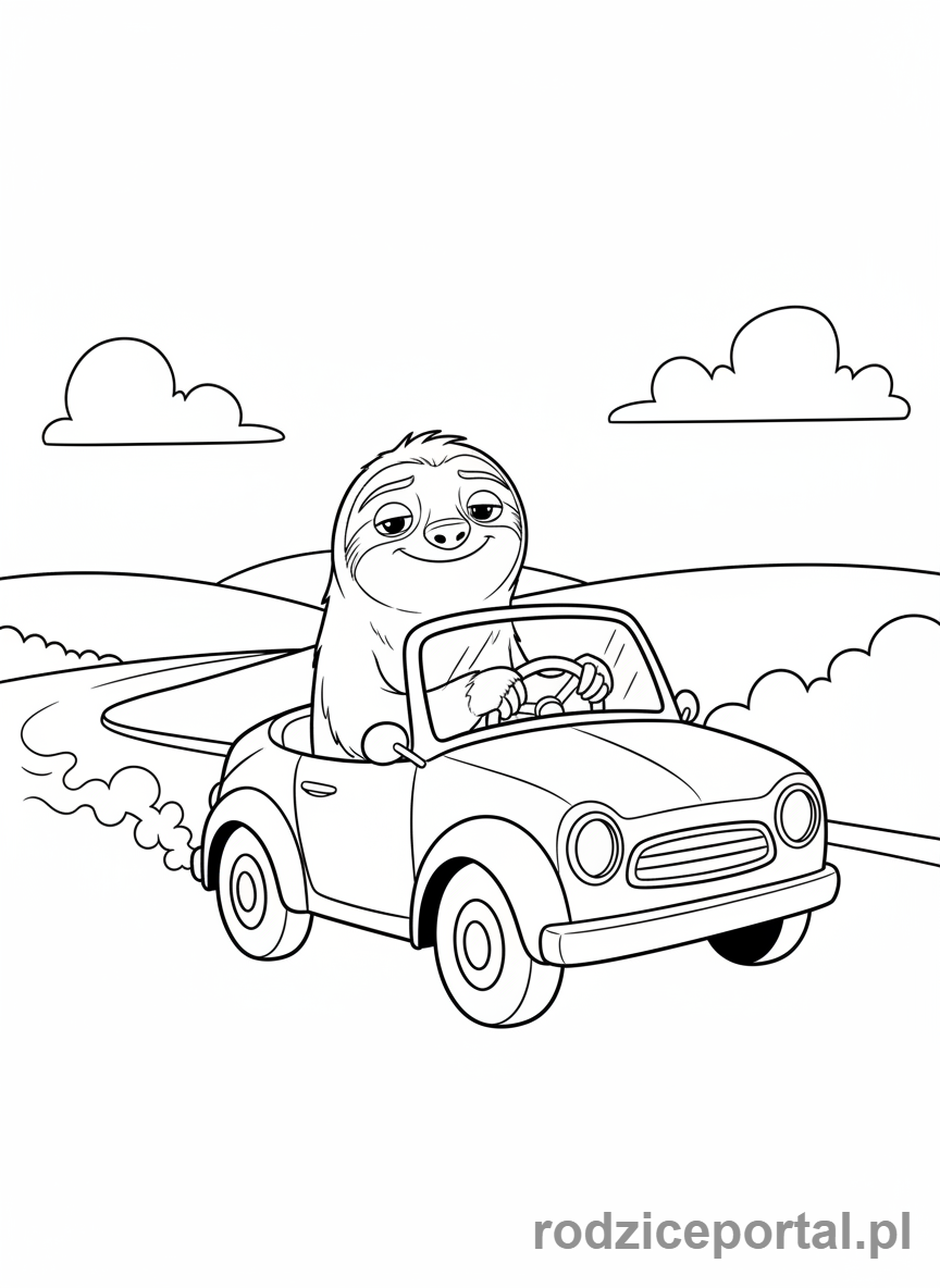 Kolorowanka Zwierzogród - Flash leniwie prowadzący samochód, z uśmiechem na twarzy.