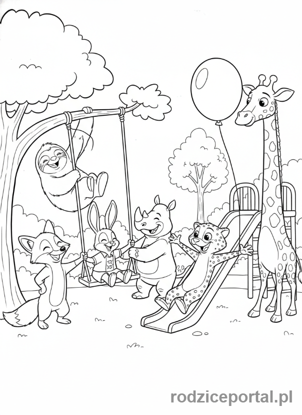 Kolorowanka Zwierzogród - Grupa różnorodnych zwierząt w radosnym zgromadzeniu w parku Zwierzogrodu.