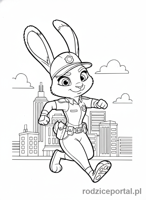 Kolorowanka Zwierzogród - Judy Hopps w stroju policyjnym, gotowa do akcji.