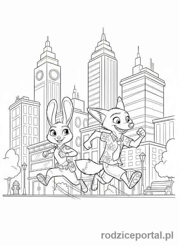 Kolorowanka Zwierzogród - Judy i Nick biegnący razem przez ulicę, dynamiczna scena.